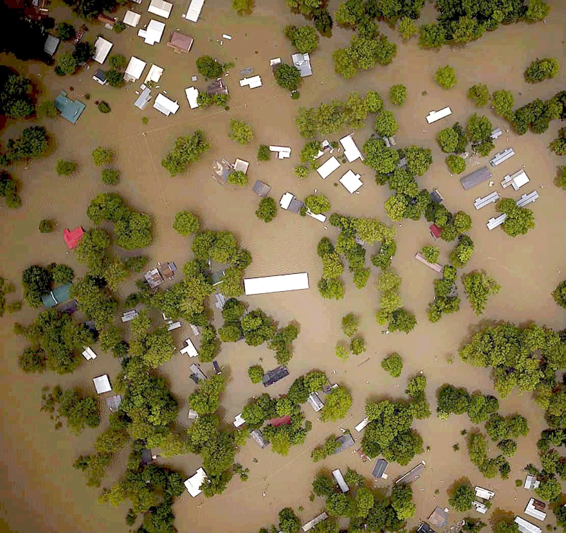 Aerial view of flooded neighborhood